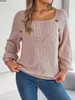 Damenpullover Damen Grobstrickpullover Knöpfe Ausgehöhlter quadratischer Ausschnitt Laterne Langarm Übergroßer Pullover Strickpullover Tops