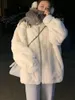 レディースウールブレンドぬいぐるみジャケットの女性冬の模倣レックスラビットファーグラスミッドレングスルーズ濃厚なフード付きINS 231021