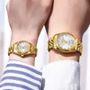 Часы CHENXI Lover, деловые часы из нержавеющей стали, золотого цвета, мужские классические водонепроницаемые часы для женщин, подарок для пары со стразами