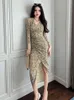 Basic Casual Women Dresses Elegant Retro Women Midi Dress Bright Shiny Sequin Silk Cotton Snake Print Folds Slit Bodycon Robe Femme Party Banquet Vestidos 2024