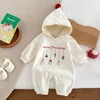 Комбинезоны 2023, Рождественский костюм для младенцев, комбинезон для маленьких мальчиков и девочек, с капюшоном, с мультяшным принтом, плюшевый утолщенный комбинезон, летняя детская одежда 231021