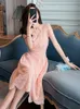 Basic Casual Women Dresses New Women's Sweet Gentle Lace Pink Dress for Women Waist A-line Maxi Robe Femme Party Sexy Vestidos Mujer Holiday Long Gown 2024