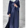 Etniska kläder muslimska hijab klänning eid satin abayas 3 stycke matchande set kvinnor öppna kalkon arab mantel kaftan kimono femme jalabiya vestidos