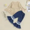 Kläduppsättningar Småbarn Baby Girl kläder Flare Långärmad Ribbed Ruffle Tunic Dress Top Lace Denim Bell-Bottom Pants Set Jean Fall Outfits