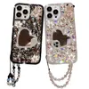 Flower Rhineston Phone Cases Sweetheart Mirror Luxury Iphone Capa Pulseira Anti-queda Para IPhone 15 Pro Max Ultra 14 13 12 High-End Design Defender Capas Protetoras