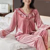 女性用スリープウェアピンクレースカラーパジャマ2pcsセクシーな家庭服