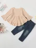 Clothing Sets Baby Girls 2pcs Ribbed Long Sleeve Top Ripped Denim Jeans Set Ruffle Decor Casual Outfits Toddler Kids Clothes For Spring 231020