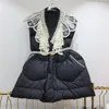 Chalecos de mujer Otoño Invierno Moda Perla Con cuentas Costuras de encaje Con cuello en v Sin mangas Chaleco de algodón Mujeres Casual Chaleco corto Negro Beige