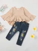 Clothing Sets Baby Girls 2pcs Ribbed Long Sleeve Top Ripped Denim Jeans Set Ruffle Decor Casual Outfits Toddler Kids Clothes For Spring 231020