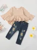 Clothing Sets Baby Girls 2pcs Ribbed Long Sleeve Top Ripped Denim Jeans Set Ruffle Decor Casual Outfits Toddler Kids Clothes For Spring 231020