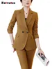 Dwuczęściowe spodnie kobiet Fotvotee Khaki Formal Blazer and Pant Suits Women Fall Winter 2023 Office damskie kurtki z długim rękawem