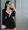 Ternos femininos moda rosa preto hit cor retalhos duplo breasted terno casaco outono feminino gola entalhada manga longa escritório blazer outwear