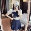 Set di abbigliamento 2023 Uniforme da ragazza scolastica giapponese Jk Sailor Cartoon Set blu scuro Top Cravatta Gonna a pieghe Costume da studente