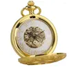 Pocket Watches Gold Color Sculptured Gear Clock 12 Constellations Dall Design Hollow Skeleton Wheel Reel Quartz Watch Fob Chain