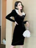 Basic Casual Women Dresses Spring Midi Dress Women French Elegant Retro Vintage Black Velvet Bubble Sleeve Bow Slit Robe Party Vestidos Skinny Clothes 2024