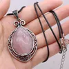 Pendant Necklaces Natural Stone Quartz Teardrop Shape Rose Green Aventurine Blue Sand Women Leather Strap Necklace Jewelry