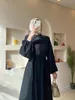 Vêtements ethniques Moyen-Orient Solide Femmes Musulmanes Robe Turquie Islamique Manches Bouffantes Slim Kaftans avec Ceinture Élégant Col Haut Dubaï Arabe Long