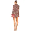 Kvinnors kostymer blazers Flower Printed Blazer Dress Autumn Winter Plunge V Neck Long Feather Sleeves Fashion Jacket med Belt Stylish Women Outfit 231021