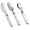 Set di stoviglie per la casa, semplice coltello, forchetta e cucchiaio, comode stoviglie per bambini in acciaio inossidabile occidentale bianco in tre pezzi