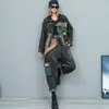 Kvinnors tvådelade byxor 2023 Autumn Retro Ladies Patchwork Distressed Denim Fashionable Leisure Single-Breasted Long Semeves Jacke Harem