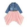 Mädchenkleider Listenwind 3-7 Jahre Kinder Tüll Denim Patchwork Kleid Süßes Langarm Revers Knopf Unregelmäßiger Saum A-Linie