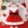 Girl Dresses 2023 Children Christmas Fashion Belt Vest Dress White Lace Wine Red Girls Xmas Hat