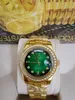 Original Box Certificate 18K Gold President Male 41mm Watches Day Date Diamonds Green Dial Watch Men rostfri Diamond Bezel Automatisk armbandsur 02