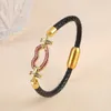 Charm Bracelets 6 Colors Cubic Zirconia Geometric Bracelet Leather Braided Stainless Steel Bangle Charming For Women Girls Party Daily Wear