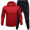 Tommyhilfiger Designer Sports kostym Originalkvalitet Mens Casual Set Tjocken tröja Tryck på två stycken Set Hooded Sportswear Mens Wear