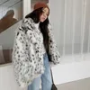 Pelliccia da donna Cappotto medio lungo da donna Colletto con risvolto Capispalla monopetto Bottone leopardato Giacca casual ampia e calda spessa Vestibilità slim