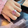 Fede nuziale dolce da donna Anello in cristallo rosa con zircone e diamante in oro bianco, regalo di compleanno per fidanzata, regolabile