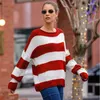 Women's Sweaters 2023 Autumn/Winter Long Sleeved Clothing Sweater Rolled Edge Round Neck Stripe Color Block Knitting Shirt