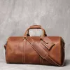 Vintage läder veckor resor galna häst läder läder män duffle väska lätt crossbody väska handväska 15 tum bärbar väska