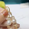 Boucles d'oreilles pendantes pour femmes, bijoux fins, or jaune pur 18K, naturel, 8-8.5mm, eau salée de l'océan, perles rondes dorées pour femmes