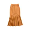 Saias de couro saia primavera outono mulheres cintura alta fishtail design magro quadris midi pele de carneiro midskirt feminino