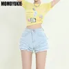 Shorts femininos moda casual y2k alta elástica borla skinny sexy jeans 2023 verão cintura multicamadas bud denim