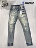 Designer For Mens Purple Brand Jeans Skinny Motorcycle Trendy Ripped Patchwork Hole All Year Round Slim Legged