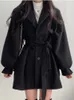 Женское шерстяное винтажное шерстяное пальто, женское осенне-зимнее пальто с рукавами-фонариками и лацканами, женское корейское модное элегантное повязочное пальто в стиле Хепберн, пальто 231021