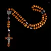 Pendant Necklaces Christian 10MM Wood Beads Rosary Cross Necklace For Women Virgin Mary INRI Long Chain Men Religion Jewelry