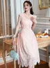 Basic Casual Women Dresses New Women's Sweet Gentle Lace Pink Dress for Women Waist A-line Maxi Robe Femme Party Sexy Vestidos Mujer Holiday Long Gown 2024