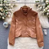 Women's Leather Black Brown Slim Short Faux Pu Jacket Stand Collar Single-breasted Irregular Hem Long Sleeve Spring Female Biker