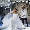 Extravagante vestido de novia de sirena africana con tren desmontable 2024 Manga larga con cuentas 2 en 1 Iglesia Vestidos de novia civil Corte de lujo Satén Baddie Vestidos de novia