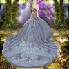 Sparkly Silver Grey Sweetheart Off the Shoulder Long Sleeved Applique Quinceanera Dresses Ball Gown Princess Dress Vestidos 15 DE