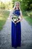 2023 Estilo Country Royal Blue Longo Vestidos de Dama de Honra Barato Sheer Lace Jewel Neck Zipper Back Chiffon Maid of the Honor Vestidos Até o Chão