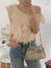Camisoles Tanks Alien Kitty S-M Apricot Blouses Ruffles Daily Summer Gentle Skew Collar Tank Tops Slim Elegant Office Lady Chic Solid 231023