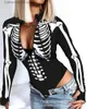 Kvinnors jumpsuits rompers 2023 Autumn New Women Top Romper V Neck Skulls Slim Casual Halloween One Piece Skeleton Print långärmad bodysuit Sexig T231023