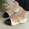 Dress Shoes Genuine Cow Leather Mixed Color Closed Toe Sweet Girls Med Chunky Heels Chain Strap Pumps Big Size 41 42 Mary Janes Women