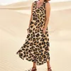 Vestidos casuais sexy leopardo algodão linho longo para mulheres verão sem mangas boho praia sundress solto tanque maxi vestido com bolso vestido