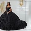 Robe de bal noire chérie perlée princesse Quinceanera robes appliques volants robe de fête d'anniversaire doux 16 robes De 15 ans