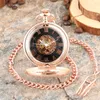 Карманные часы из розового золота с полым узором Механические часы Мужские римские цифры Дисплей Подвеска Античный ручной механизм Часы